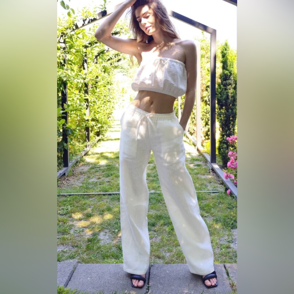 Abercrombie & Fitch Cream Wide-Leg Linen-Blend Pants